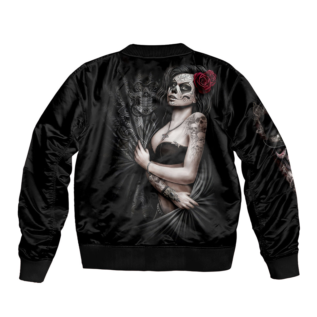 Skull Sleeve Zip Bomber Jacket Girl Day Of The Dead - Wonder Print Shop