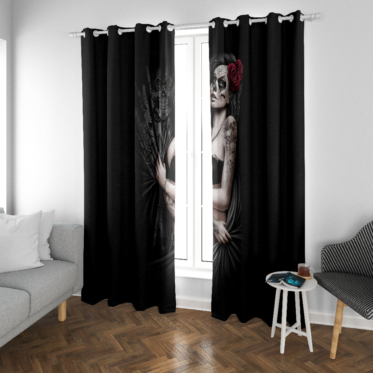 Skull Window Curtain Girl Day Of The Dead - Wonder Print Shop