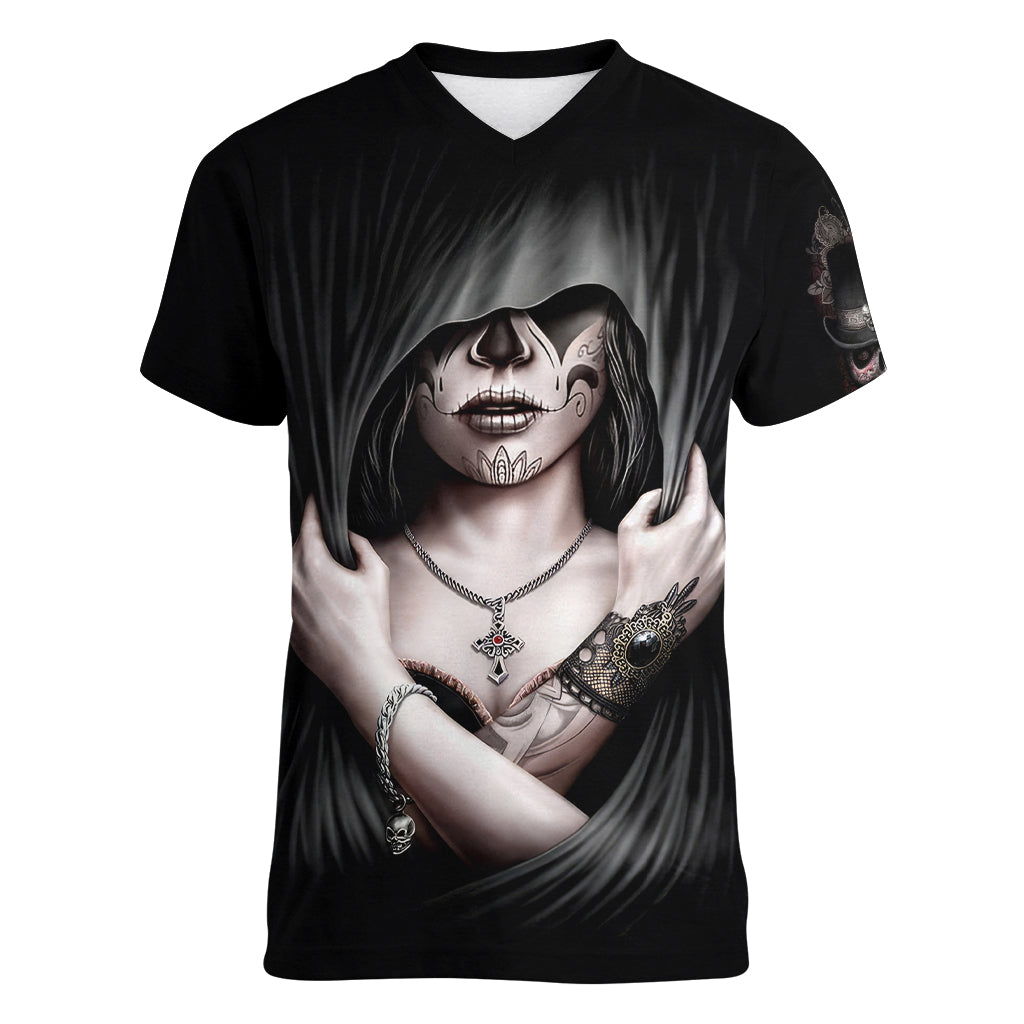 Skull Women V Neck T Shirt Girl Day Of The Dead - Wonder Print Shop