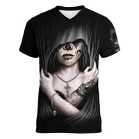 Skull Women V Neck T Shirt Girl Day Of The Dead - Wonder Print Shop