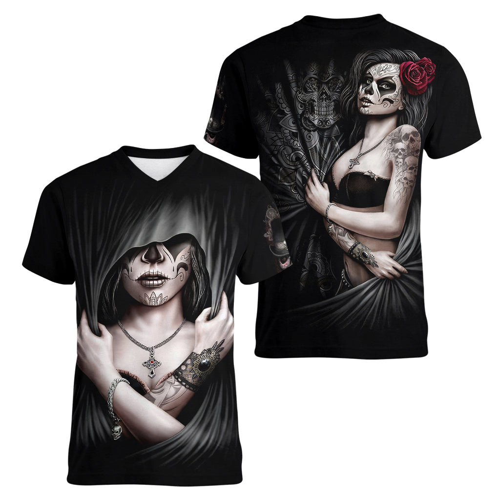 Skull Women V Neck T Shirt Girl Day Of The Dead - Wonder Print Shop