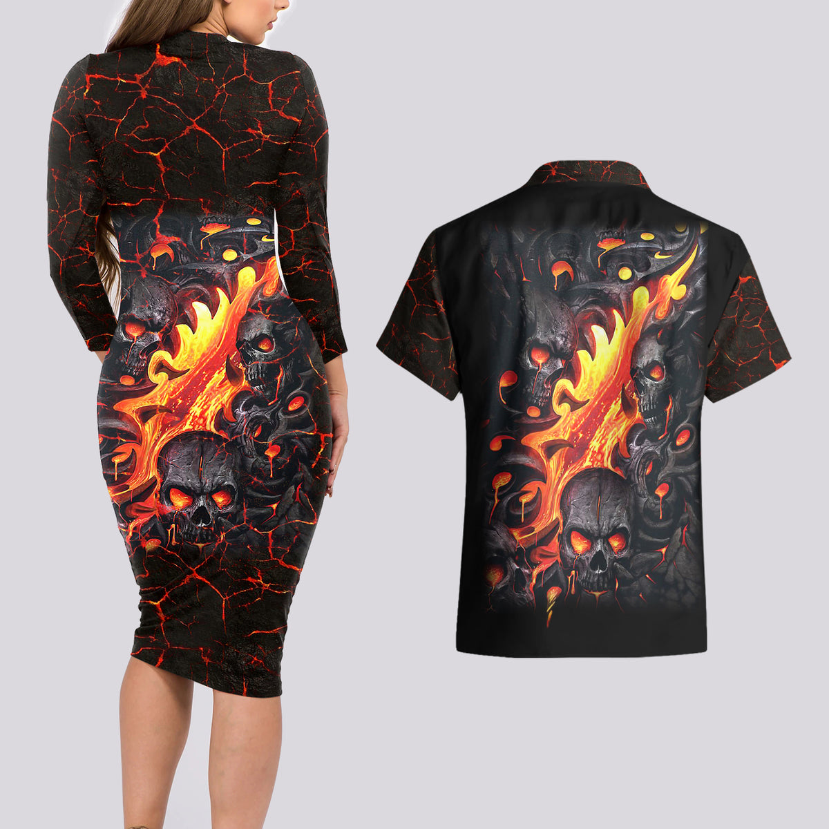 Skull Couples Matching Long Sleeve Bodycon Dress and Hawaiian Shirt Flame Skull Lava Inside - Wonder Print Shop