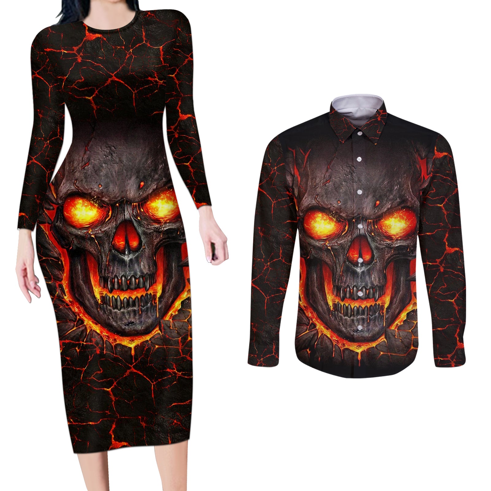 Skull Couples Matching Long Sleeve Bodycon Dress and Long Sleeve Button Shirts Flame Skull Lava Inside - Wonder Print Shop