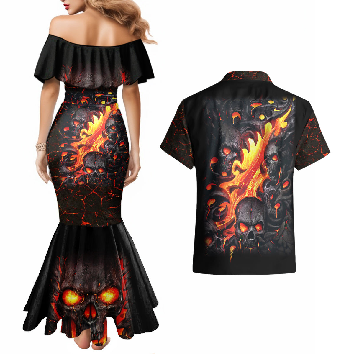 Skull Couples Matching Mermaid Dress And Hawaiian Shirt Flame Skull Lava Inside - Wonder Print Shop