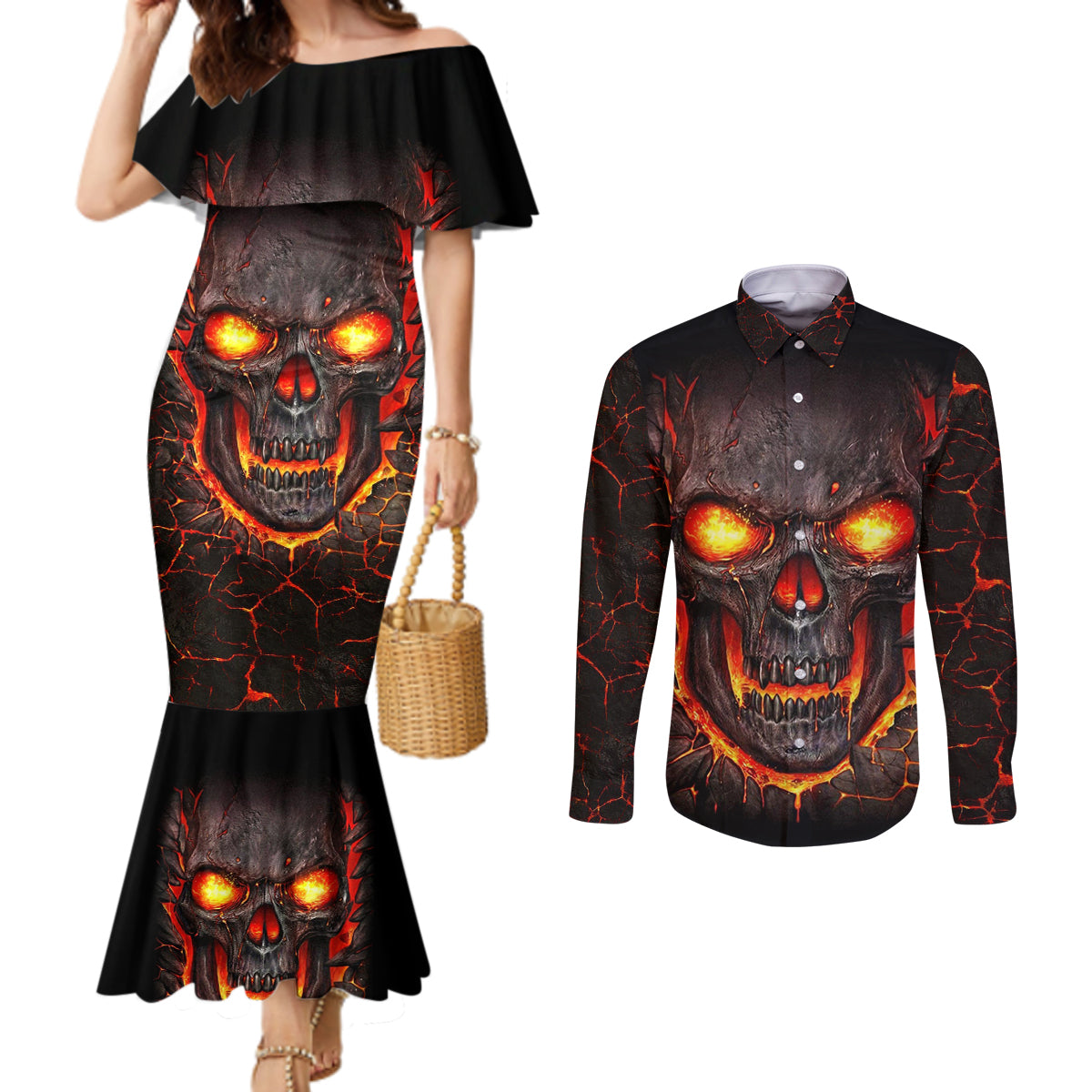 Skull Couples Matching Mermaid Dress and Long Sleeve Button Shirts Flame Skull Lava Inside DT01