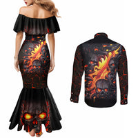 Skull Couples Matching Mermaid Dress and Long Sleeve Button Shirts Flame Skull Lava Inside DT01