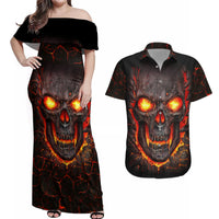 Skull Couples Matching Off Shoulder Maxi Dress and Hawaiian Shirt Flame Skull Lava Inside - Wonder Print Shop