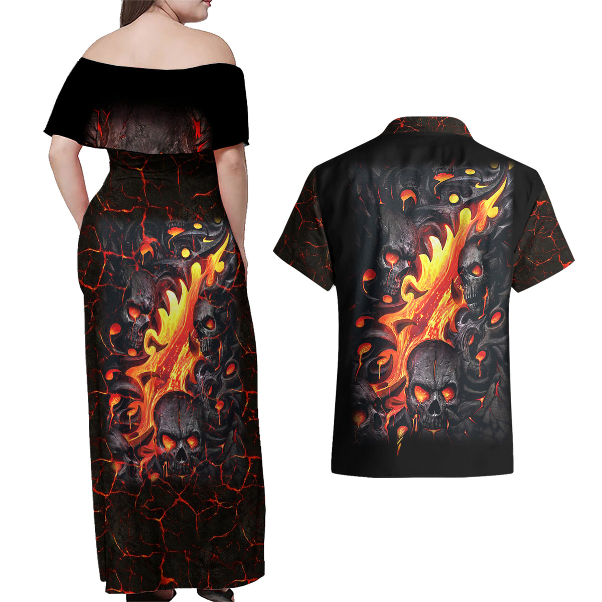 Skull Couples Matching Off Shoulder Maxi Dress and Hawaiian Shirt Flame Skull Lava Inside - Wonder Print Shop