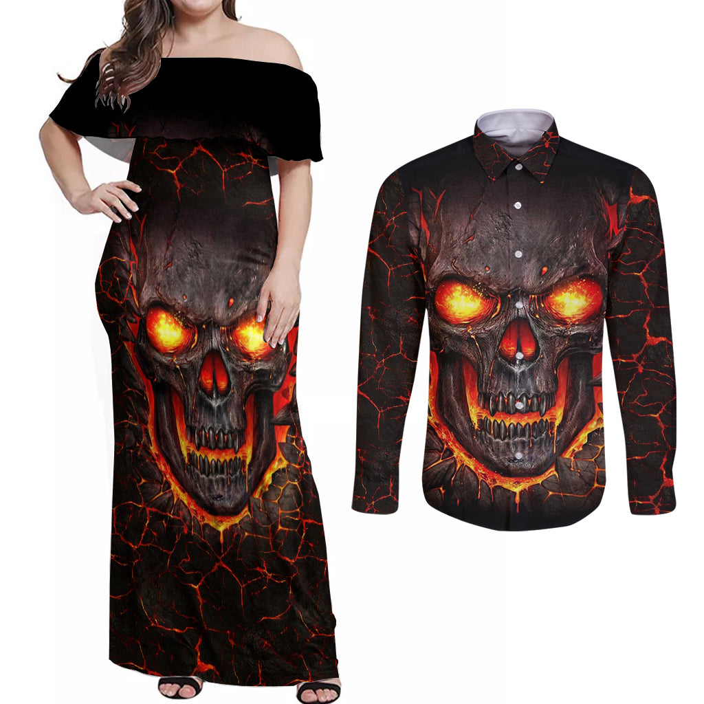 Skull Couples Matching Off Shoulder Maxi Dress and Long Sleeve Button Shirts Flame Skull Lava Inside - Wonder Print Shop
