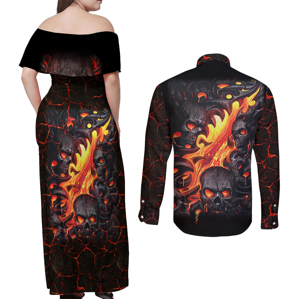 Skull Couples Matching Off Shoulder Maxi Dress and Long Sleeve Button Shirts Flame Skull Lava Inside - Wonder Print Shop