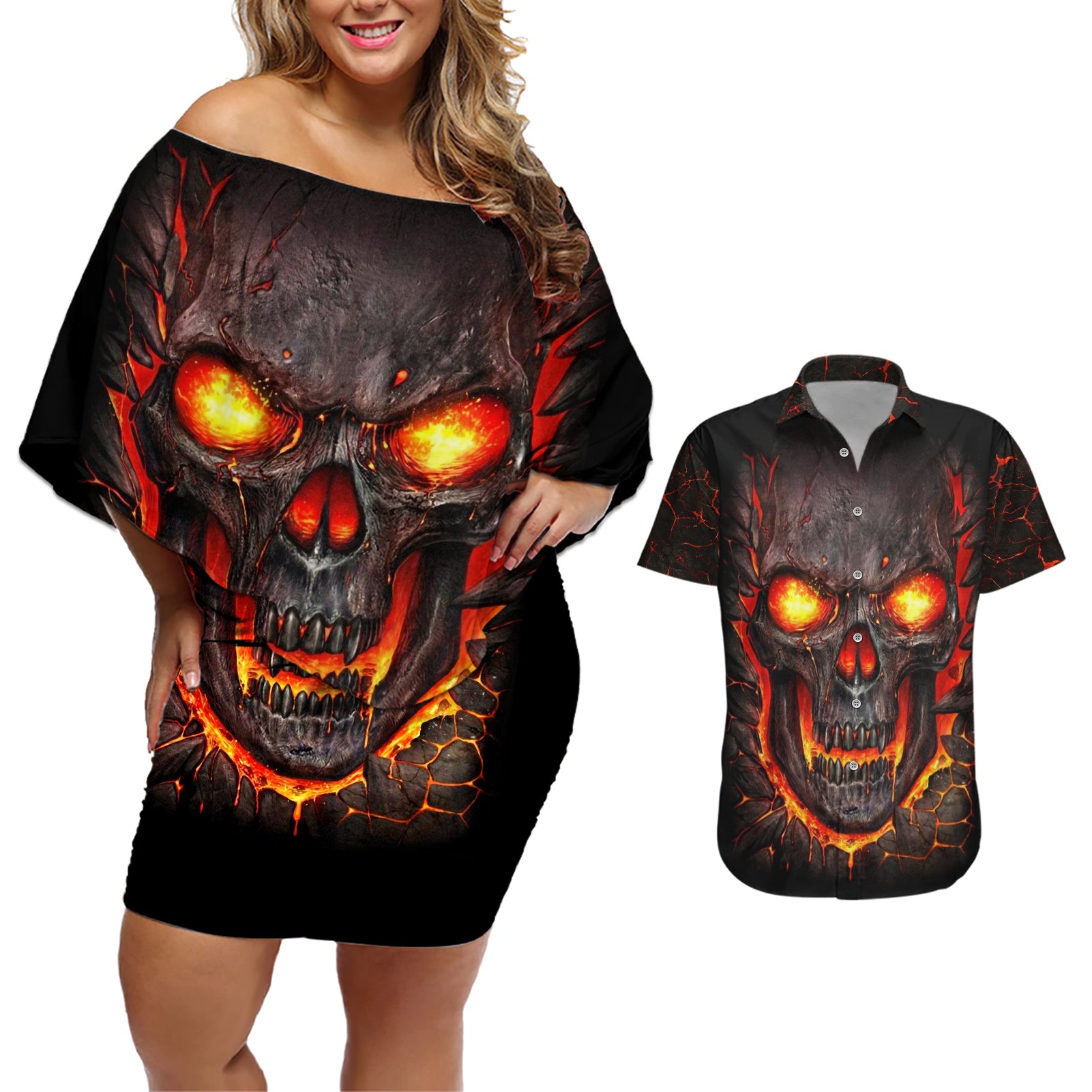 Skull Couples Matching Off Shoulder Short Dress and Hawaiian Shirt Flame Skull Lava Inside - Wonder Print Shop