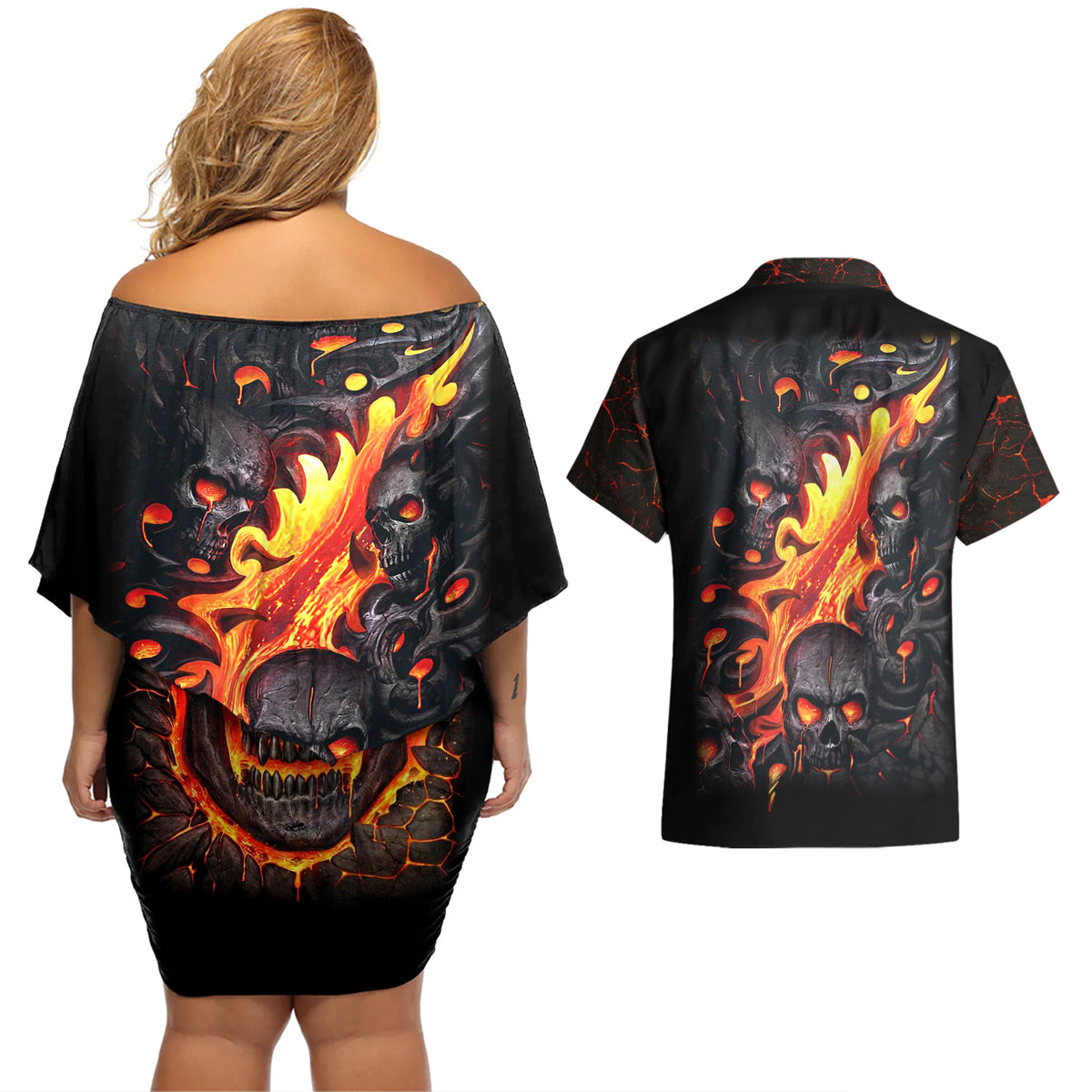 Skull Couples Matching Off Shoulder Short Dress and Hawaiian Shirt Flame Skull Lava Inside - Wonder Print Shop