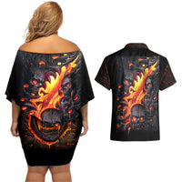 Skull Couples Matching Off Shoulder Short Dress and Hawaiian Shirt Flame Skull Lava Inside - Wonder Print Shop