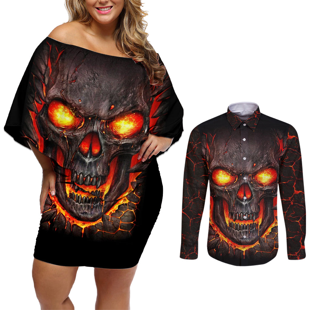 Skull Couples Matching Off Shoulder Short Dress and Long Sleeve Button Shirts Flame Skull Lava Inside - Wonder Print Shop