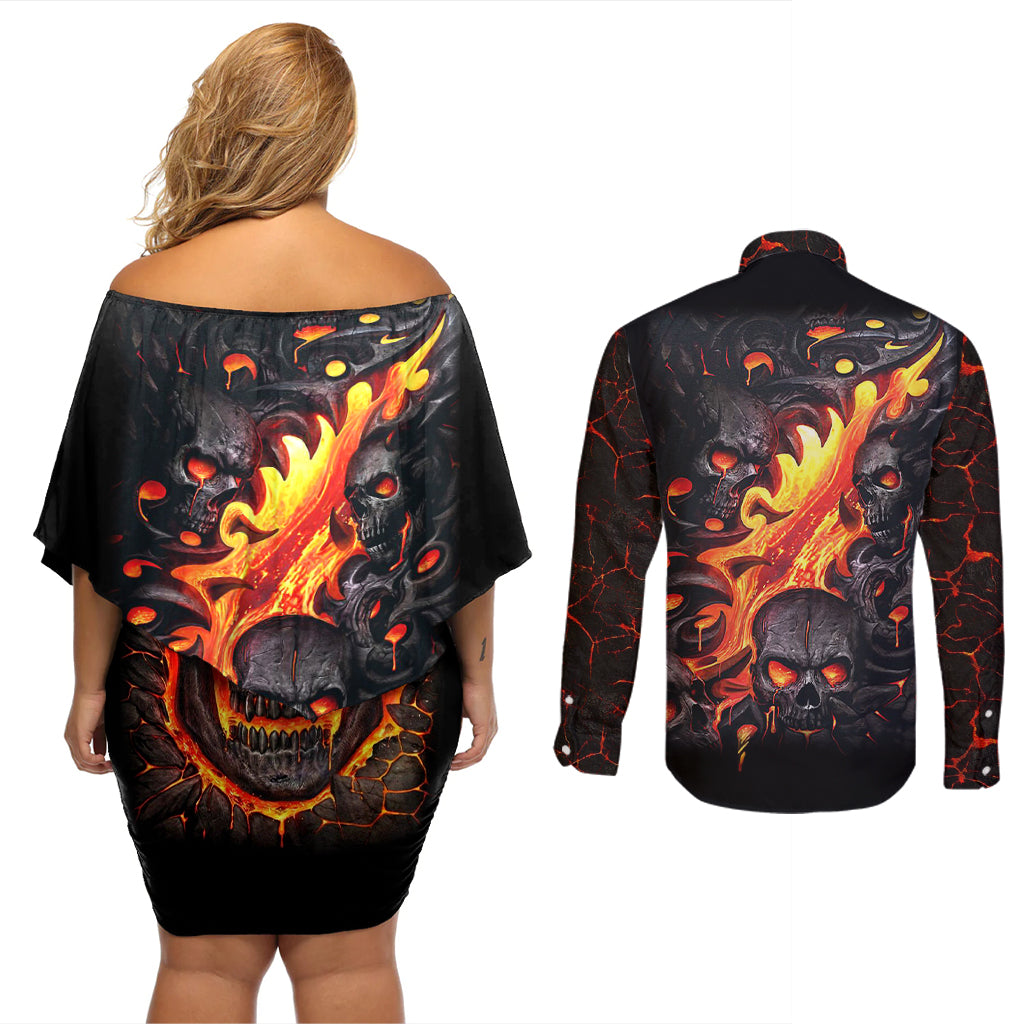 Skull Couples Matching Off Shoulder Short Dress and Long Sleeve Button Shirts Flame Skull Lava Inside - Wonder Print Shop