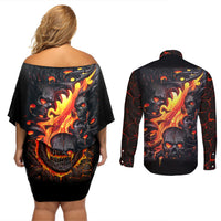 Skull Couples Matching Off Shoulder Short Dress and Long Sleeve Button Shirts Flame Skull Lava Inside - Wonder Print Shop