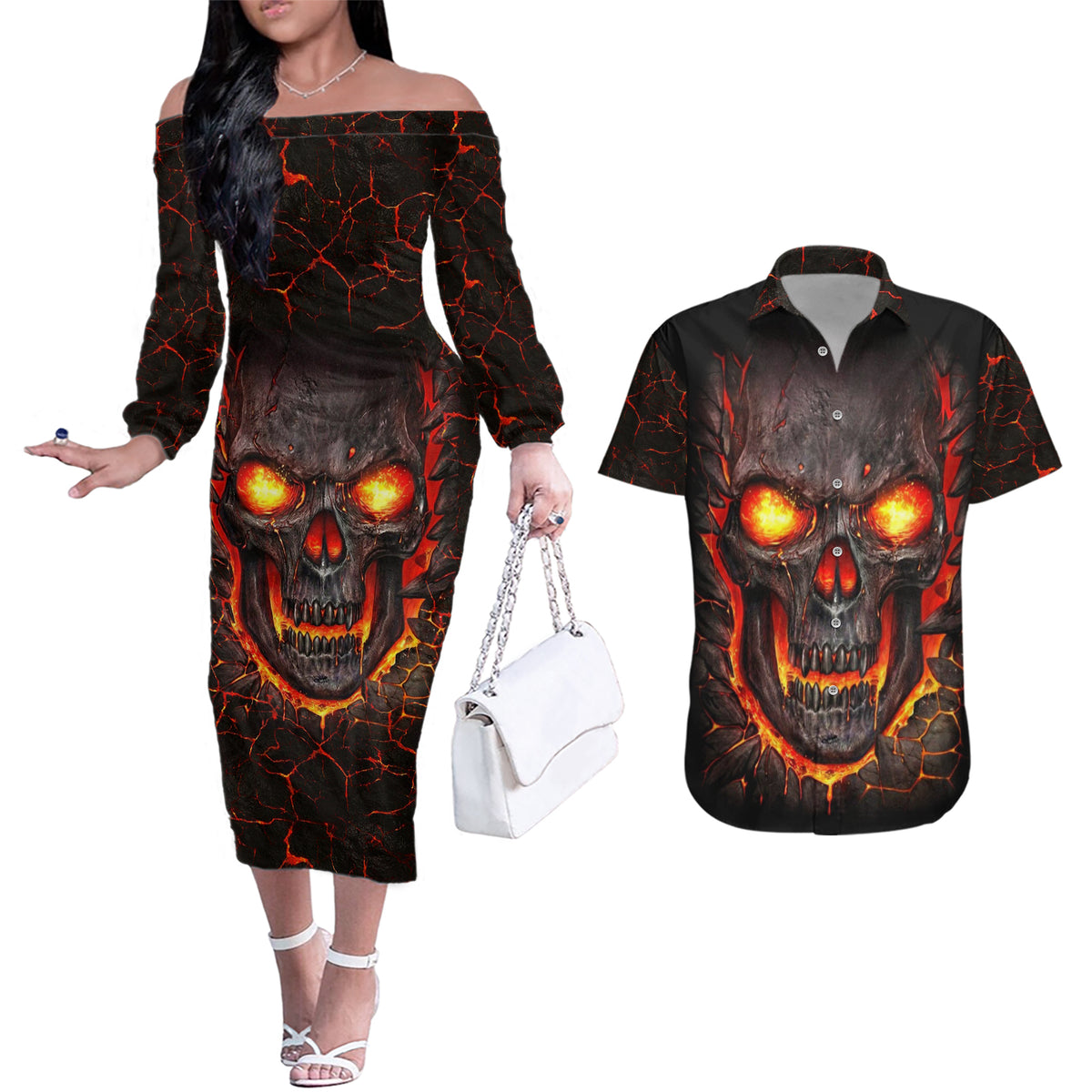 Skull Couples Matching Off The Shoulder Long Sleeve Dress and Hawaiian Shirt Flame Skull Lava Inside - Wonder Print Shop