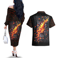 Skull Couples Matching Off The Shoulder Long Sleeve Dress and Hawaiian Shirt Flame Skull Lava Inside - Wonder Print Shop
