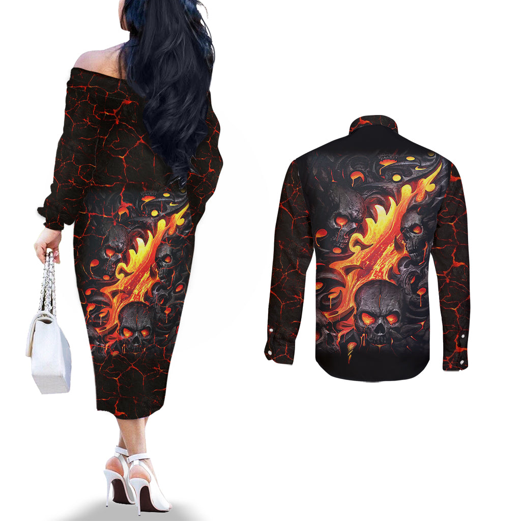 Skull Couples Matching Off The Shoulder Long Sleeve Dress and Long Sleeve Button Shirts Flame Skull Lava Inside DT01