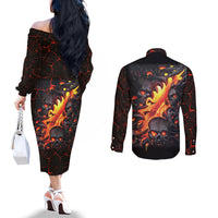 Skull Couples Matching Off The Shoulder Long Sleeve Dress and Long Sleeve Button Shirts Flame Skull Lava Inside DT01