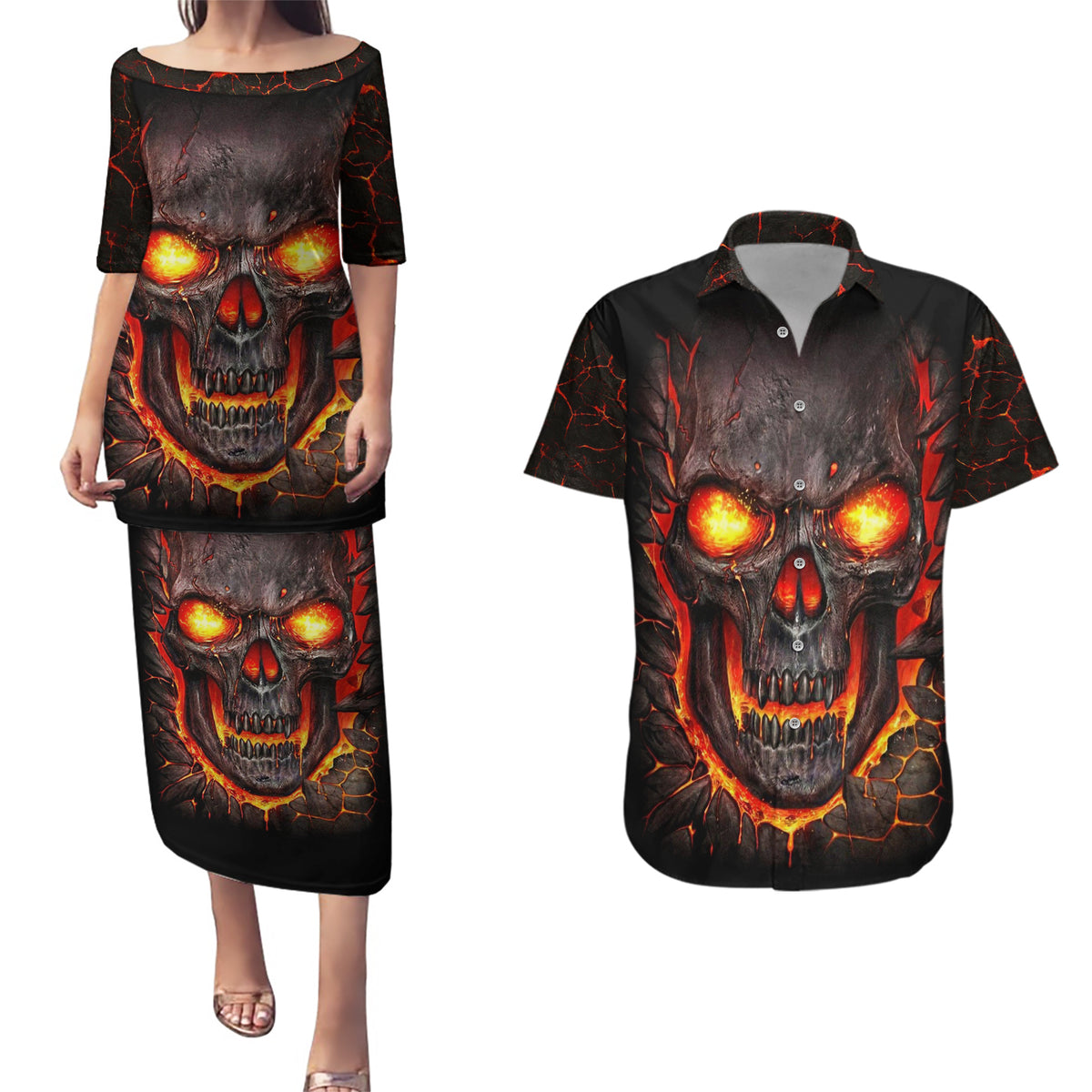 Skull Couples Matching Puletasi Dress and Hawaiian Shirt Flame Skull Lava Inside - Wonder Print Shop