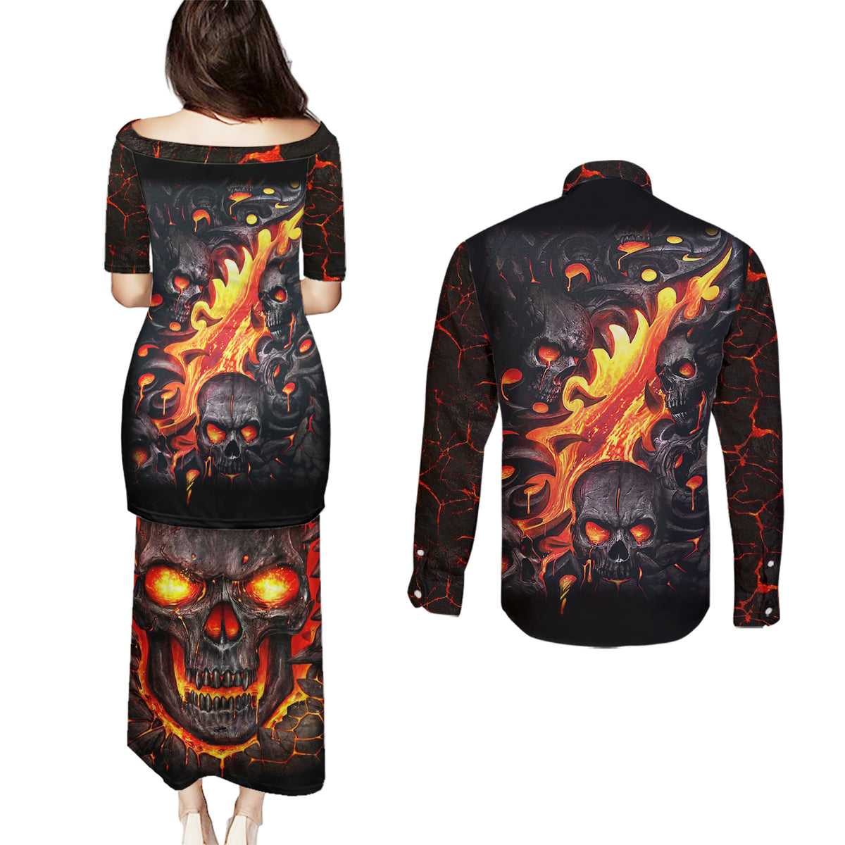 Skull Couples Matching Puletasi Dress and Long Sleeve Button Shirts Flame Skull Lava Inside - Wonder Print Shop
