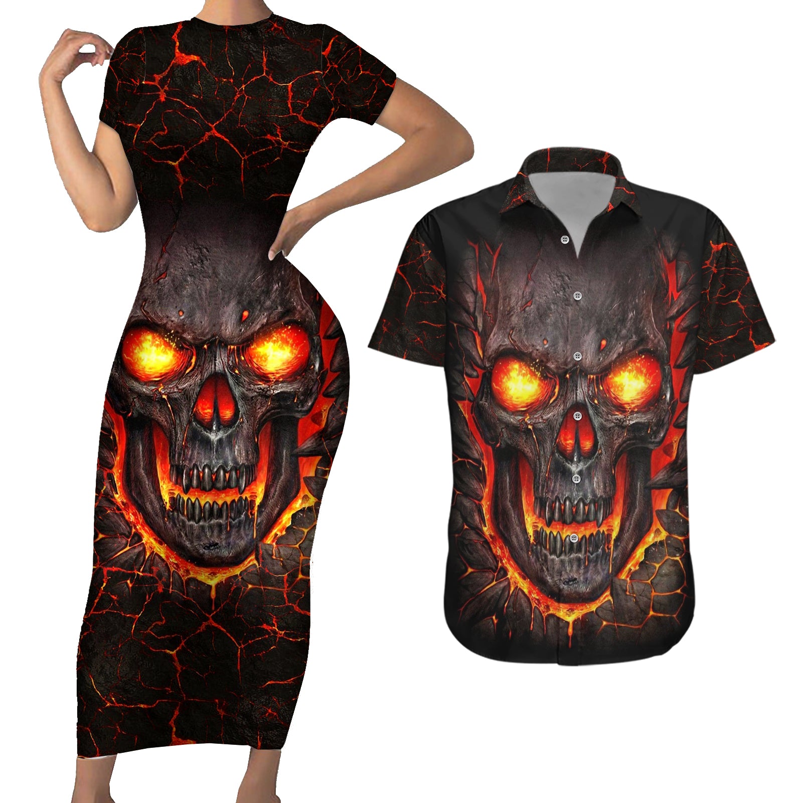 Skull Couples Matching Short Sleeve Bodycon Dress and Hawaiian Shirt Flame Skull Lava Inside - Wonder Print Shop