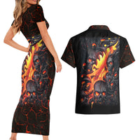 Skull Couples Matching Short Sleeve Bodycon Dress and Hawaiian Shirt Flame Skull Lava Inside - Wonder Print Shop