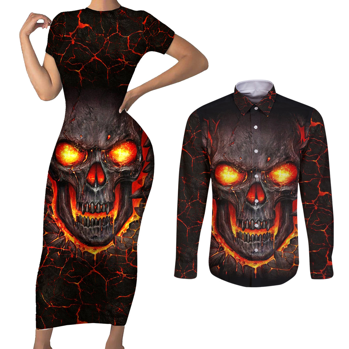 Skull Couples Matching Short Sleeve Bodycon Dress and Long Sleeve Button Shirts Flame Skull Lava Inside - Wonder Print Shop