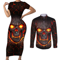 Skull Couples Matching Short Sleeve Bodycon Dress and Long Sleeve Button Shirts Flame Skull Lava Inside - Wonder Print Shop