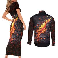 Skull Couples Matching Short Sleeve Bodycon Dress and Long Sleeve Button Shirts Flame Skull Lava Inside - Wonder Print Shop