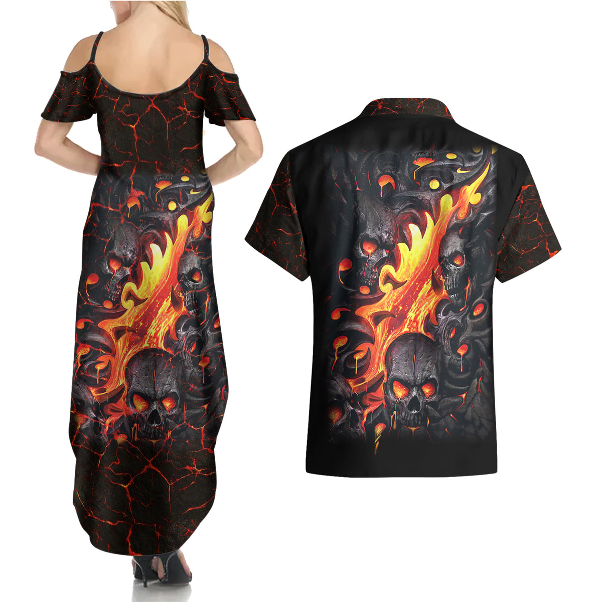 Skull Couples Matching Summer Maxi Dress and Hawaiian Shirt Flame Skull Lava Inside - Wonder Print Shop