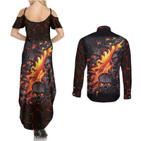 Skull Couples Matching Summer Maxi Dress and Long Sleeve Button Shirts Flame Skull Lava Inside - Wonder Print Shop