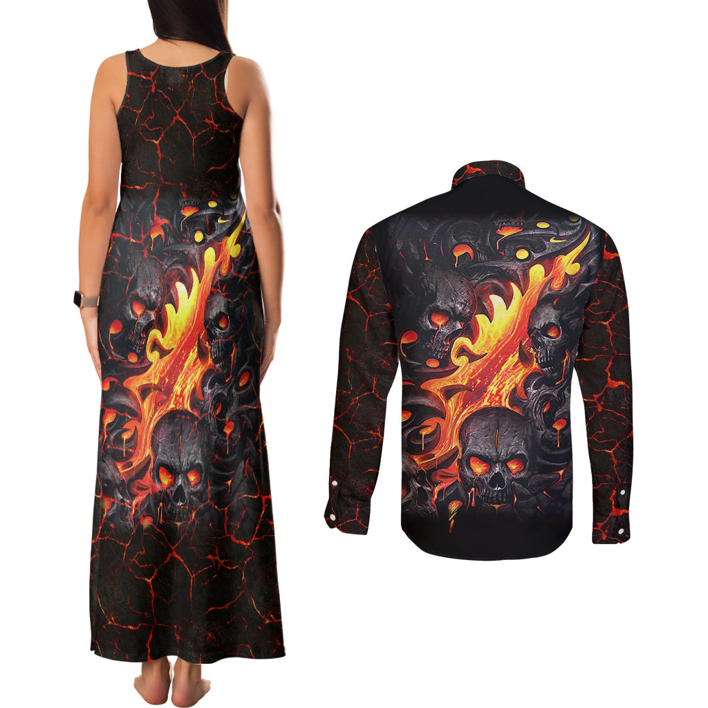 Skull Couples Matching Tank Maxi Dress and Long Sleeve Button Shirts Flame Skull Lava Inside - Wonder Print Shop