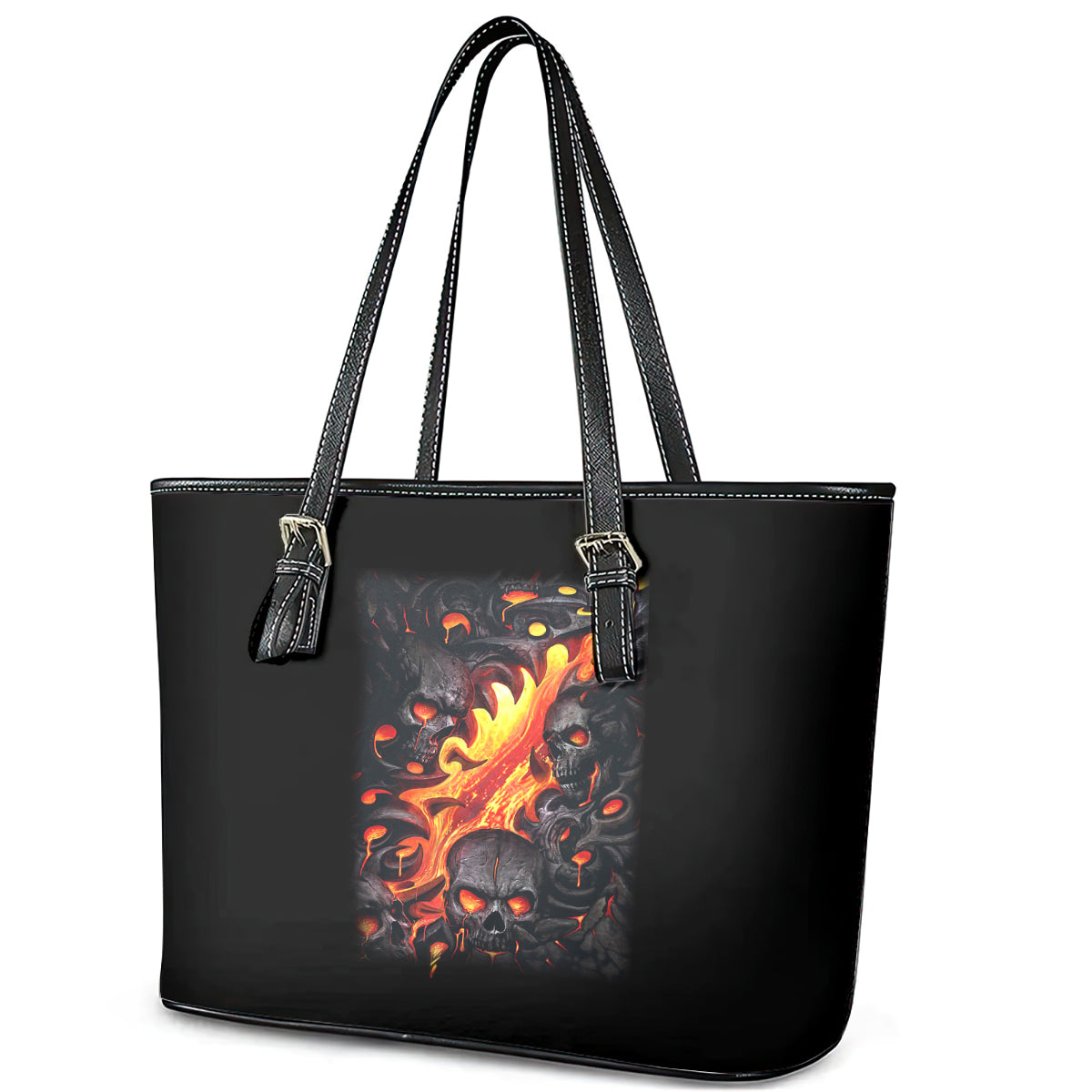 Skull Leather Tote Bag Flame Skull Lava Inside - Wonder Print Shop