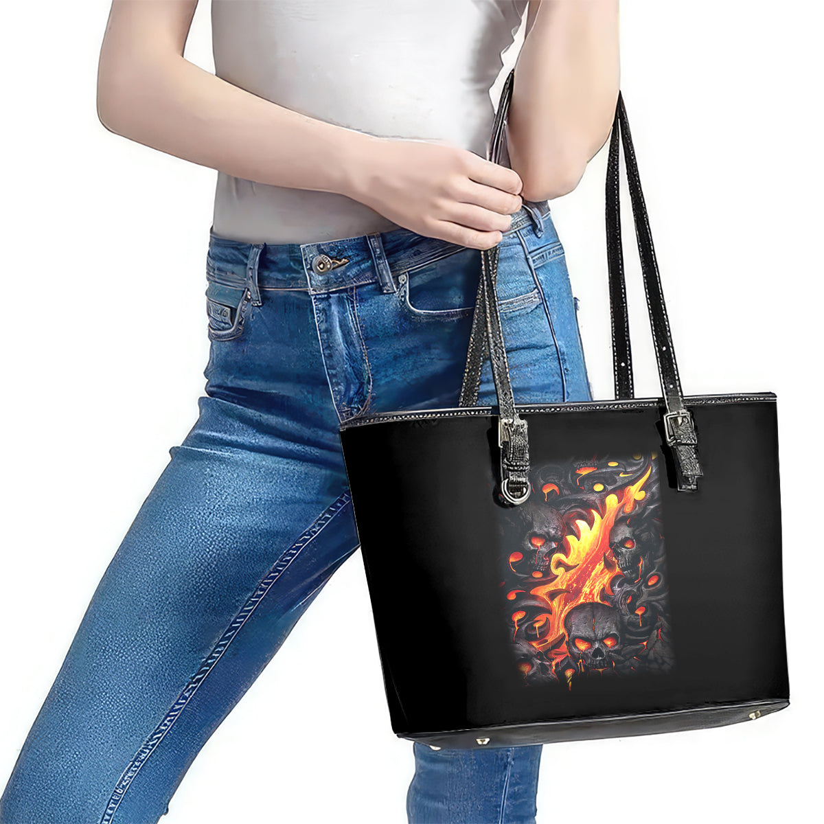 Skull Leather Tote Bag Flame Skull Lava Inside - Wonder Print Shop