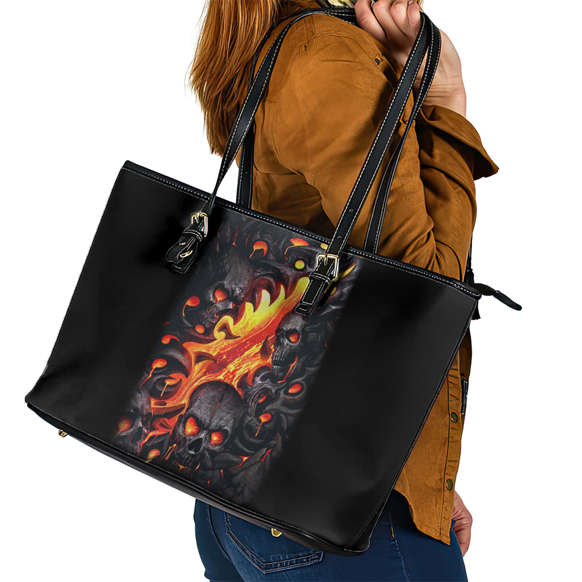 Skull Leather Tote Bag Flame Skull Lava Inside - Wonder Print Shop