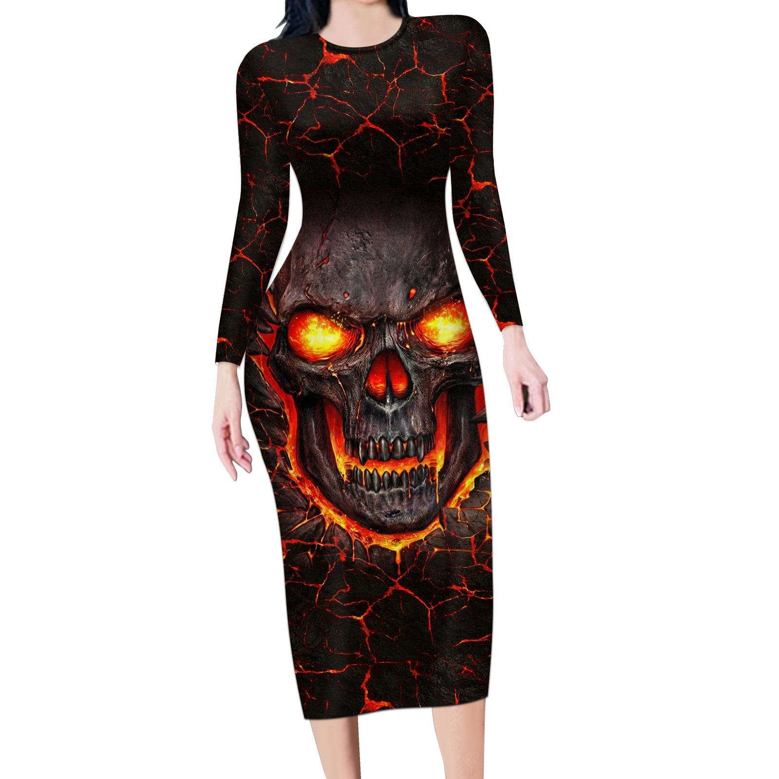 Skull Long Sleeve Bodycon Dress Flame Skull Lava Inside - Wonder Print Shop