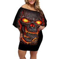 Skull Off Shoulder Short Dress Flame Skull Lava Inside - Wonder Print Shop