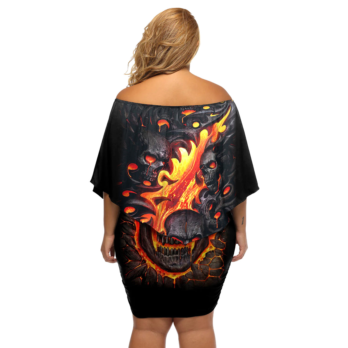 Skull Off Shoulder Short Dress Flame Skull Lava Inside - Wonder Print Shop