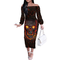 Skull Off The Shoulder Long Sleeve Dress Flame Skull Lava Inside - Wonder Print Shop
