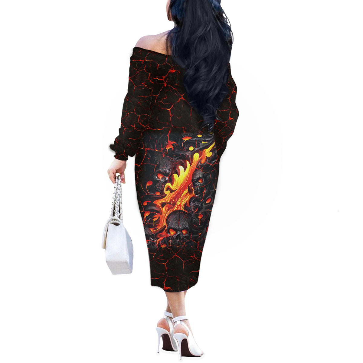 Skull Off The Shoulder Long Sleeve Dress Flame Skull Lava Inside - Wonder Print Shop