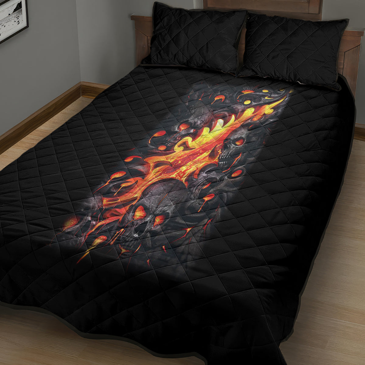 Skull Quilt Bed Set Flame Skull Lava Inside - Wonder Print Shop