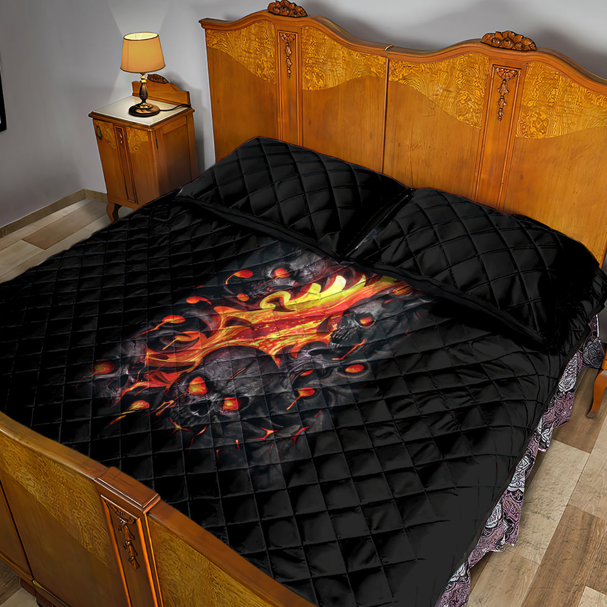 Skull Quilt Bed Set Flame Skull Lava Inside - Wonder Print Shop