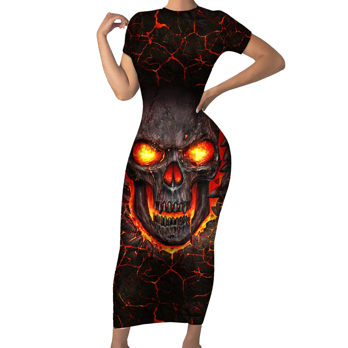 Skull Short Sleeve Bodycon Dress Flame Skull Lava Inside - Wonder Print Shop