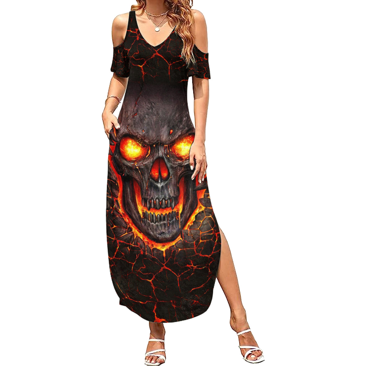 Skull Summer Maxi Dress Flame Skull Lava Inside - Wonder Print Shop