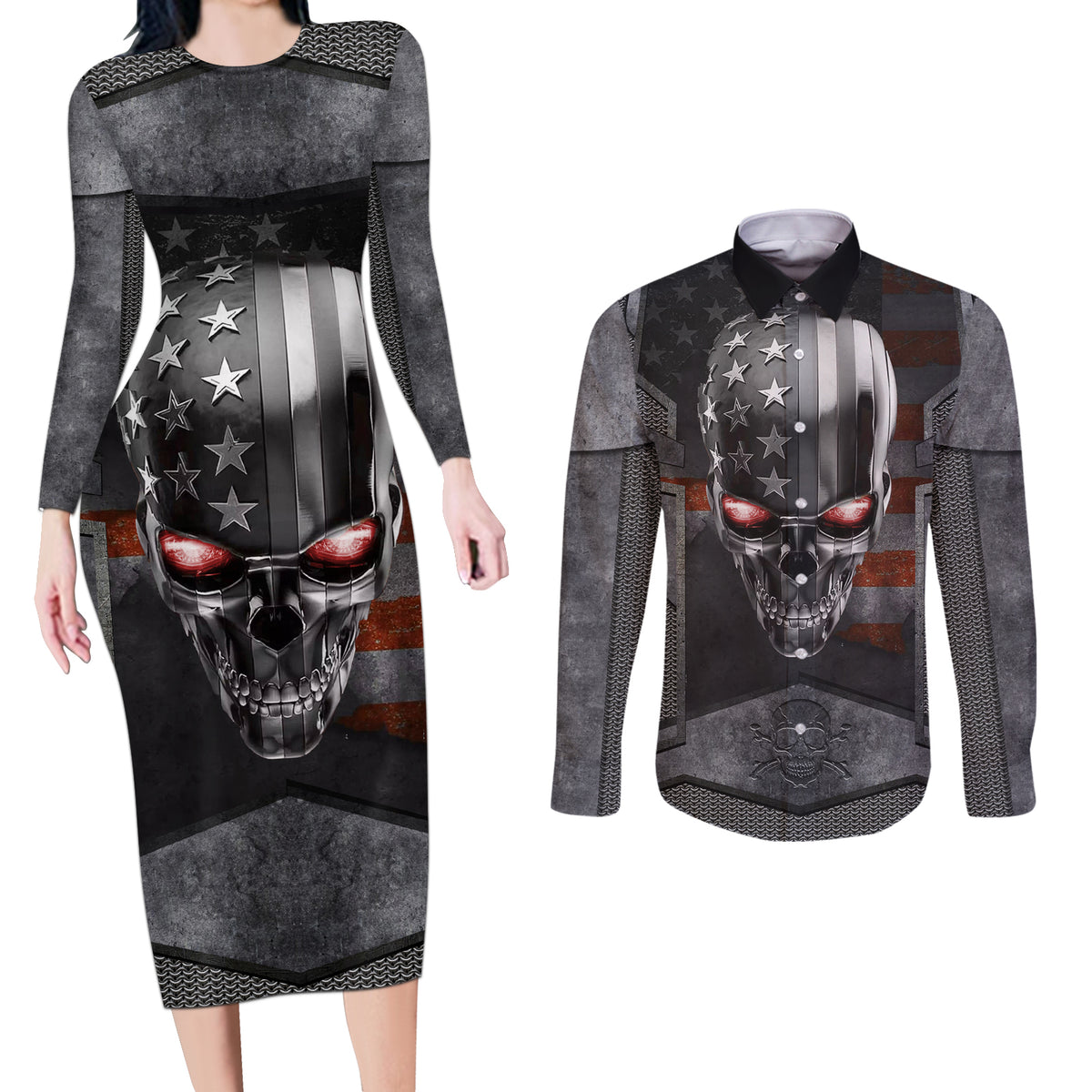 Skull Couples Matching Long Sleeve Bodycon Dress and Long Sleeve Button Shirts Metal Head Skull American - Wonder Print Shop