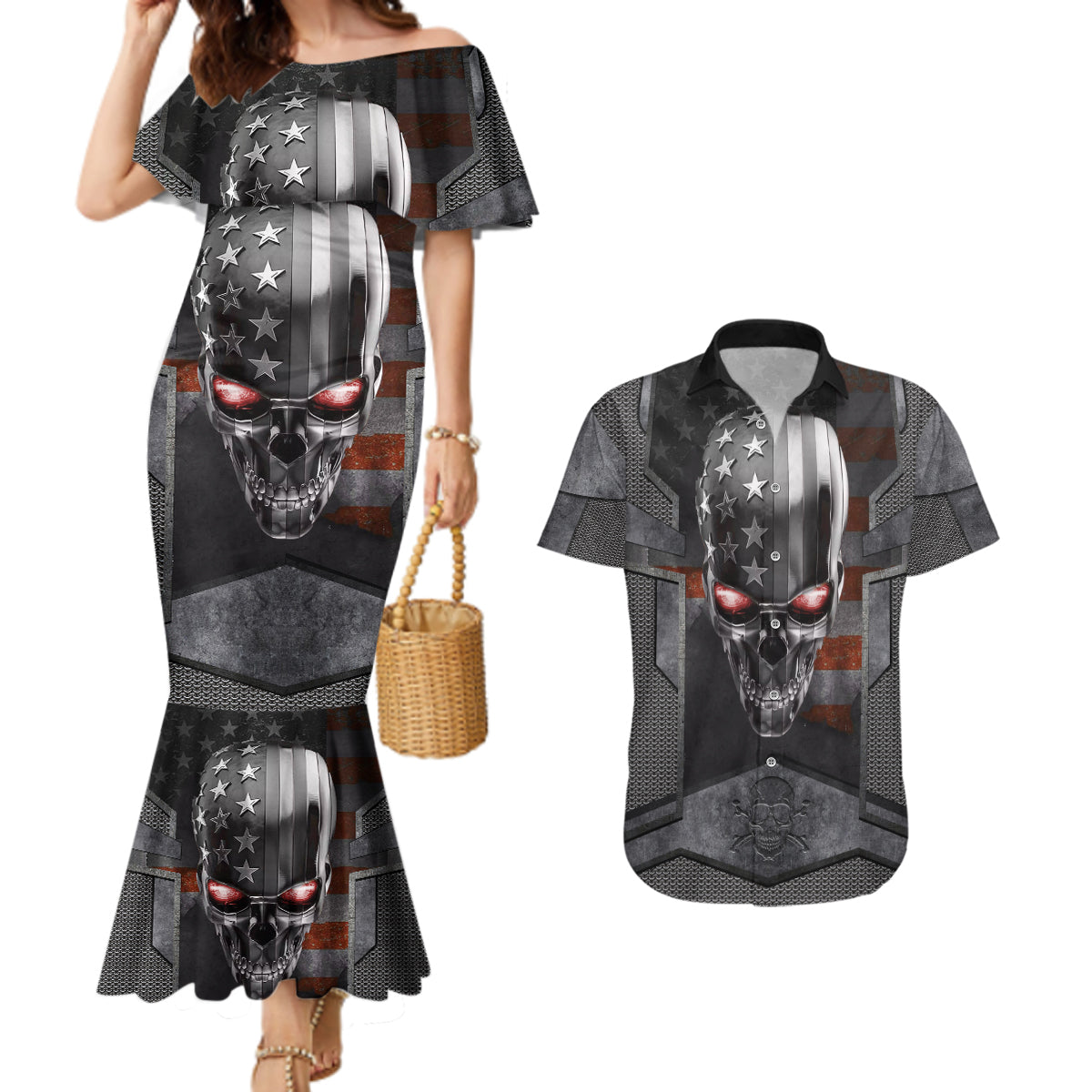 Skull Couples Matching Mermaid Dress And Hawaiian Shirt Metal Head Skull American - Wonder Print Shop