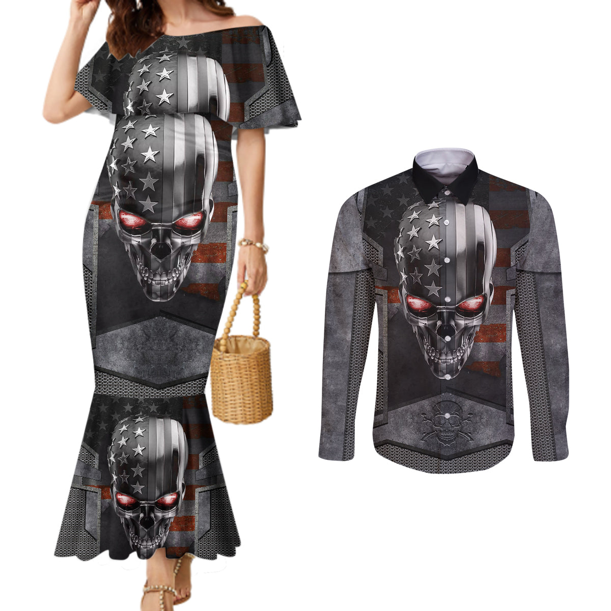 Skull Couples Matching Mermaid Dress and Long Sleeve Button Shirts Metal Head Skull American DT01