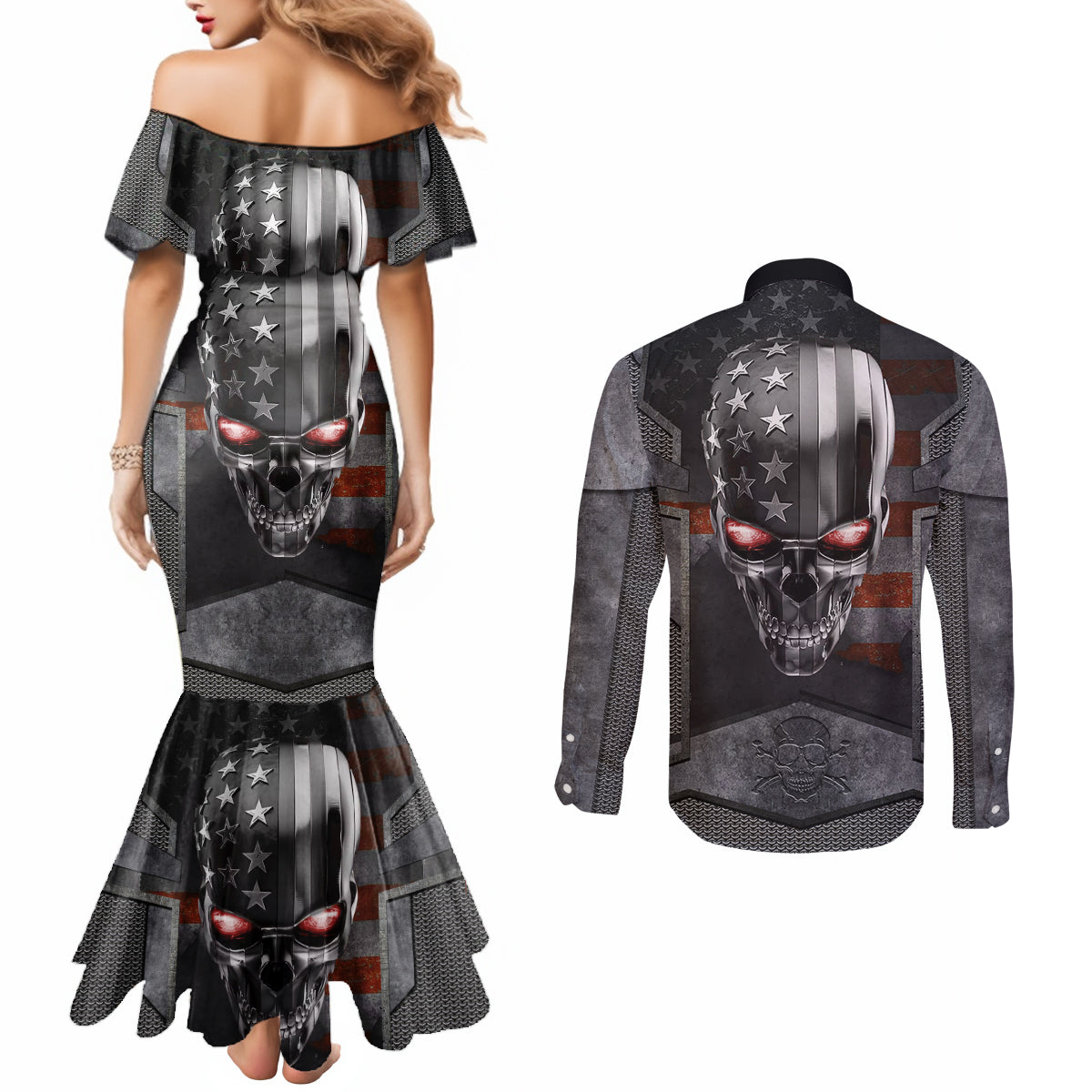 Skull Couples Matching Mermaid Dress and Long Sleeve Button Shirts Metal Head Skull American DT01